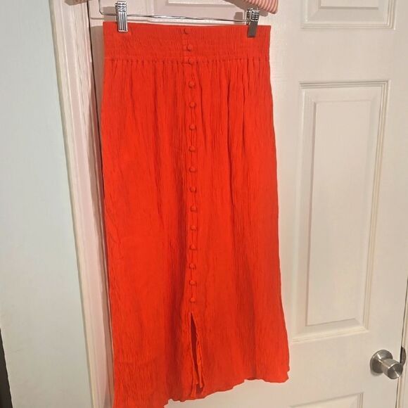 Madewell Orange Midi A-Line Skirt with Pleats and Slit for Resort Wear - Picture 1 of 7